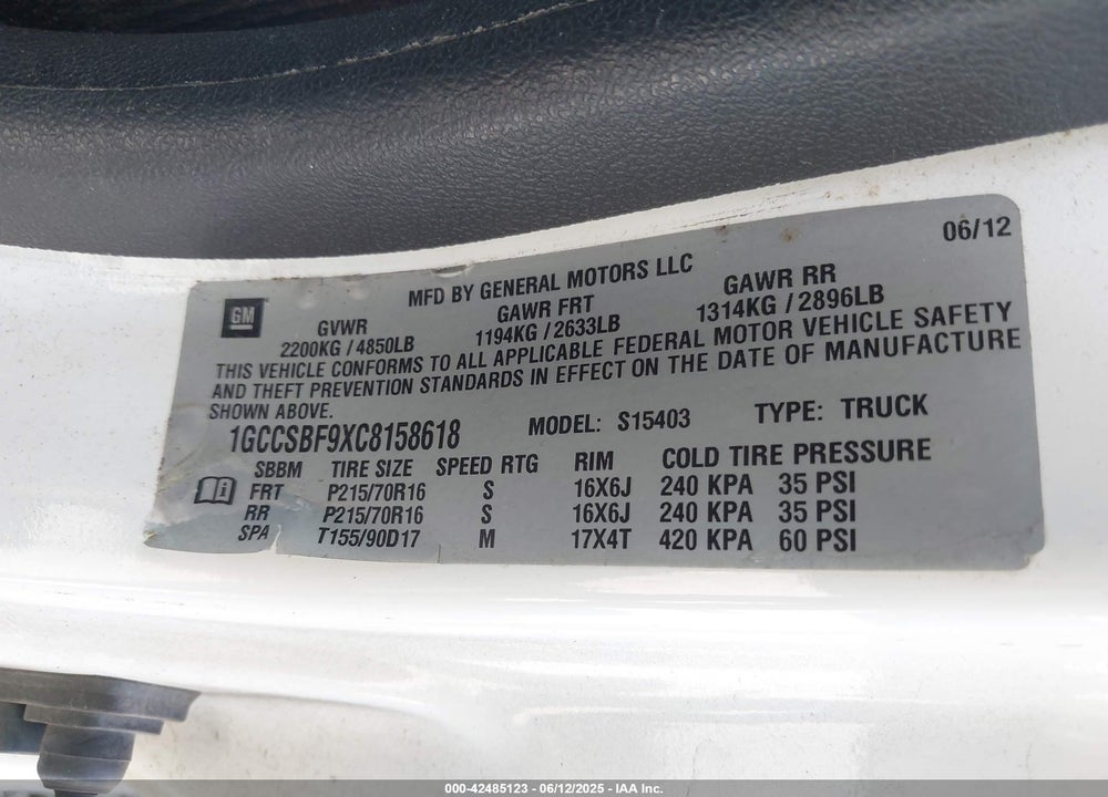 2012 CHEVROLET COLORADO WORK TRUCK VIN: 1GCCSBF9XC8158618