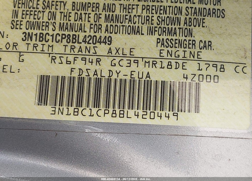 2011 NISSAN VERSA VIN: 3N1BC1CP8BL420449
