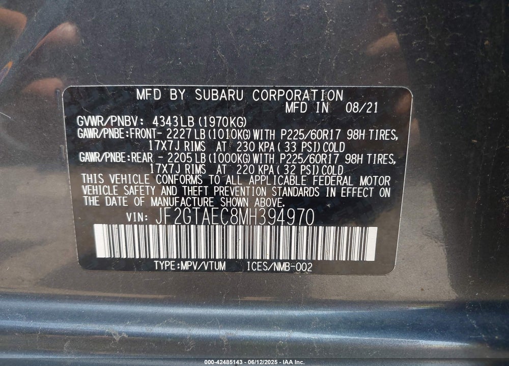 2021 SUBARU CROSSTREK VIN: JF2GTAEC8MH394970
