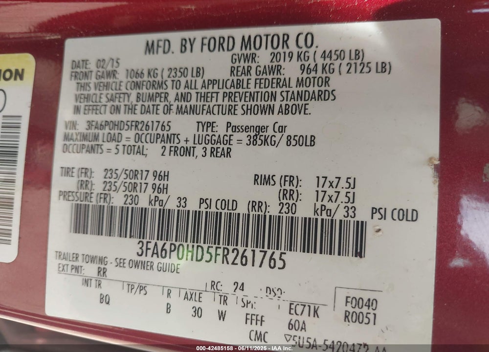 2015 FORD FUSION VIN: 3FA6P0HD5FR261765