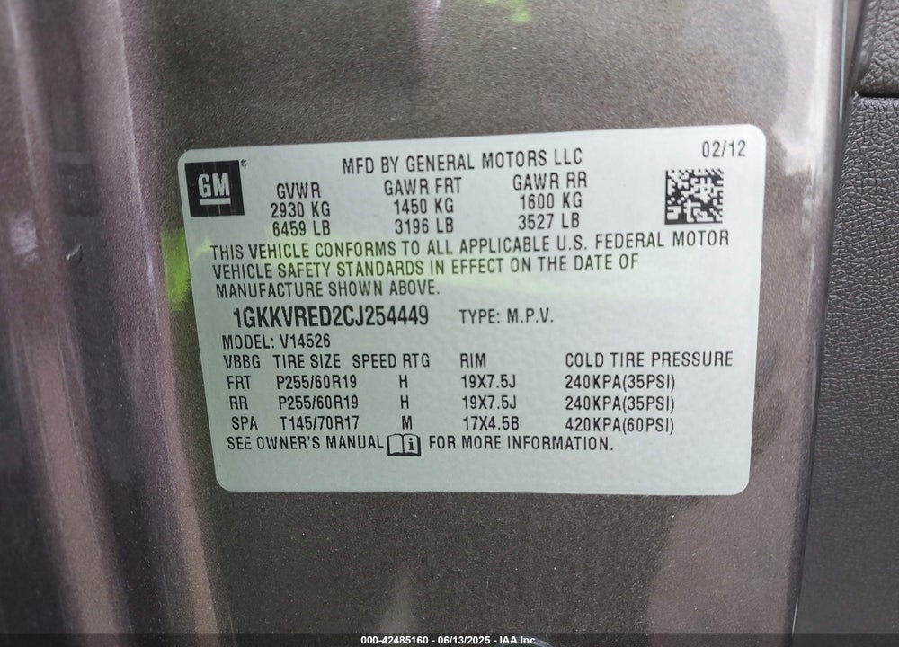 2012 GMC ACADIA VIN: 1GKKVRED2CJ254449