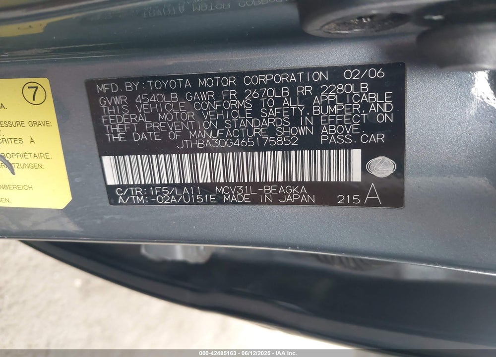 2006 LEXUS ES 330 VIN: JTHBA30G465175852