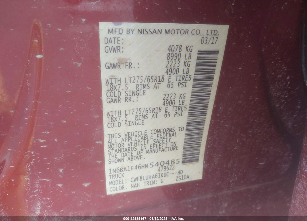 2017 NISSAN TITAN XD VIN: 1N6BA1F46HN540485