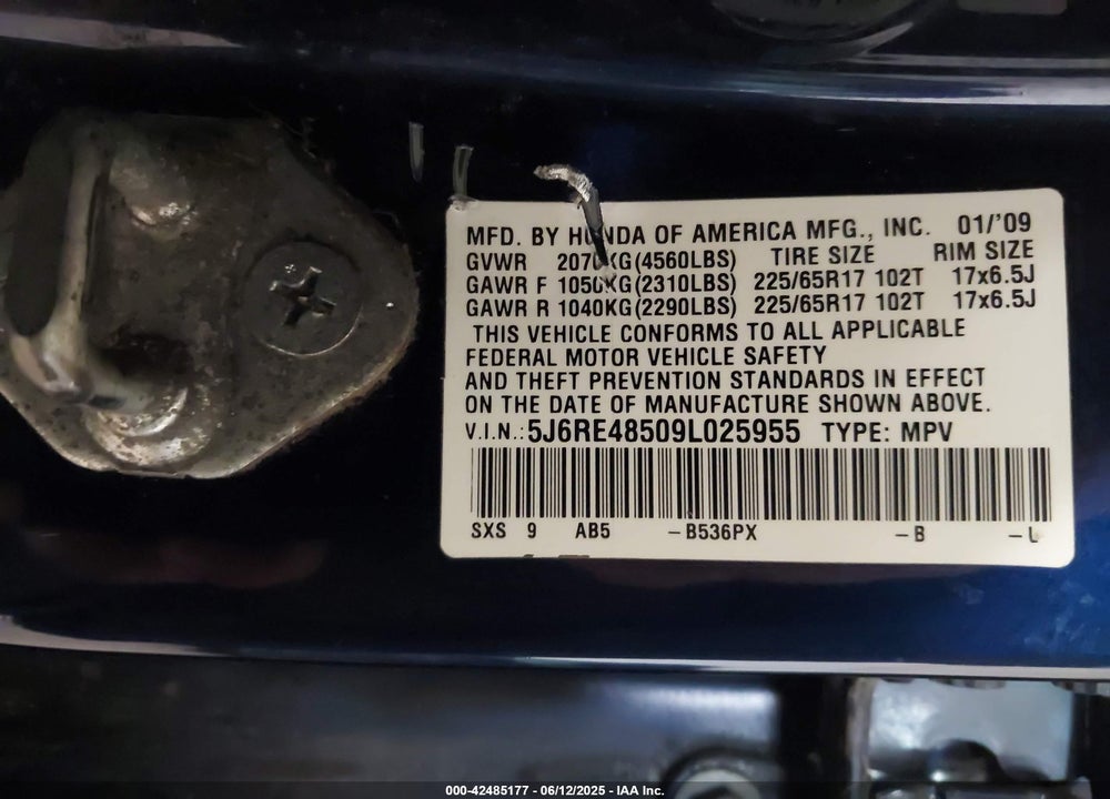 2009 HONDA CR-V VIN: 5J6RE48509L025955