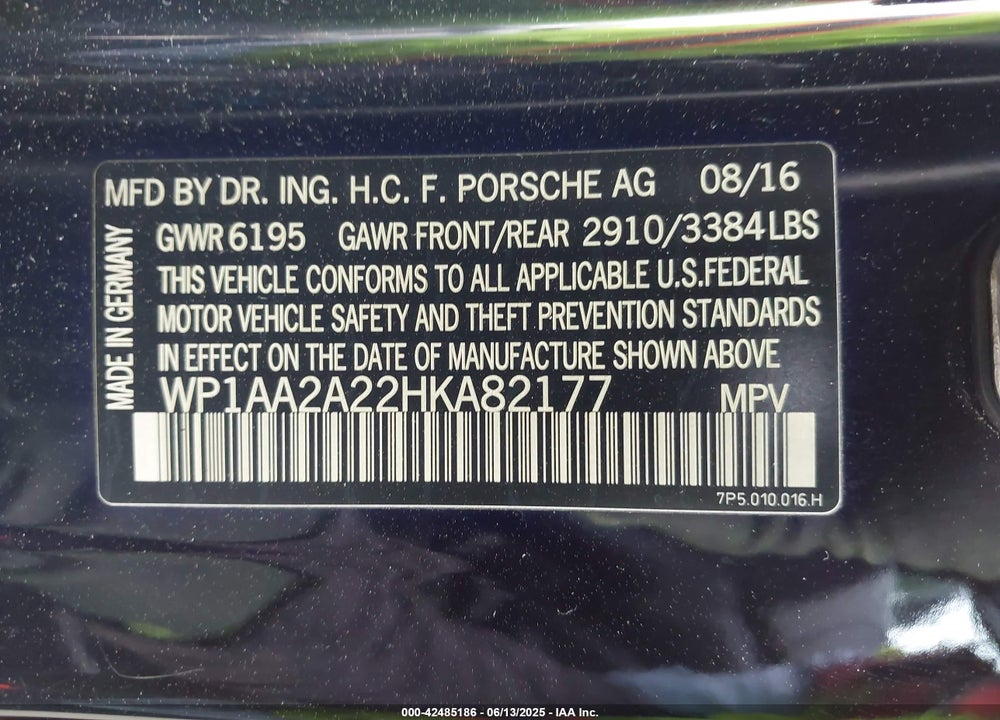 2017 PORSCHE CAYENNE VIN: WP1AA2A22HKA82177