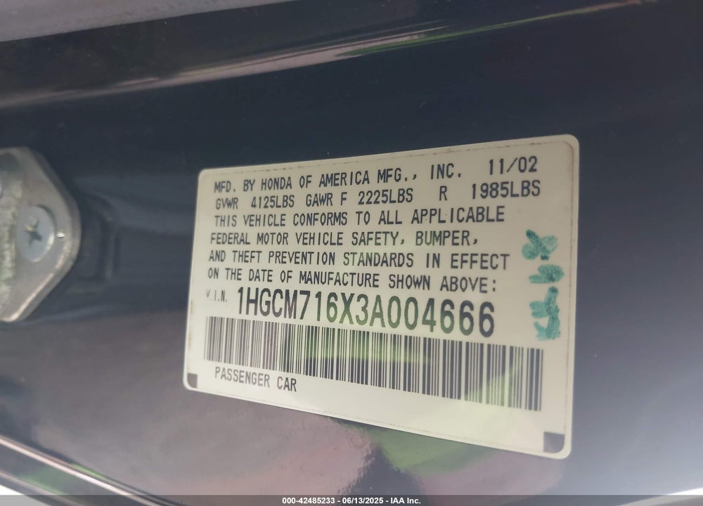 2003 HONDA ACCORD VIN: 1HGCM716X3A004666