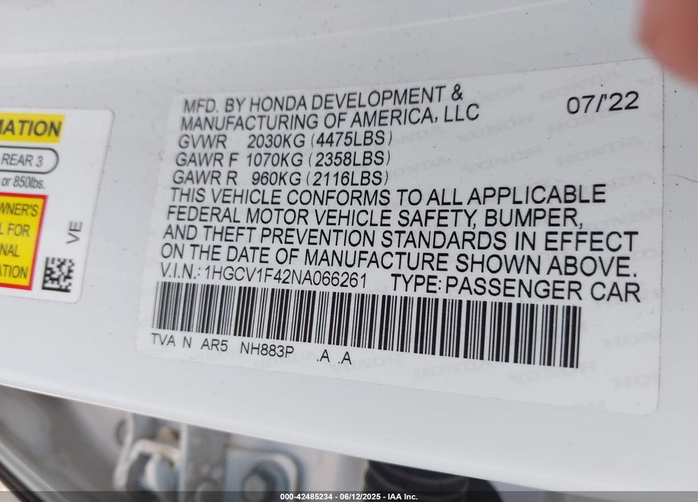 2022 HONDA ACCORD VIN: 1HGCV1F42NA066261