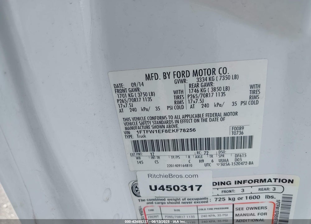 2014 FORD F-150 VIN: 1FTFW1EF8EKF78256