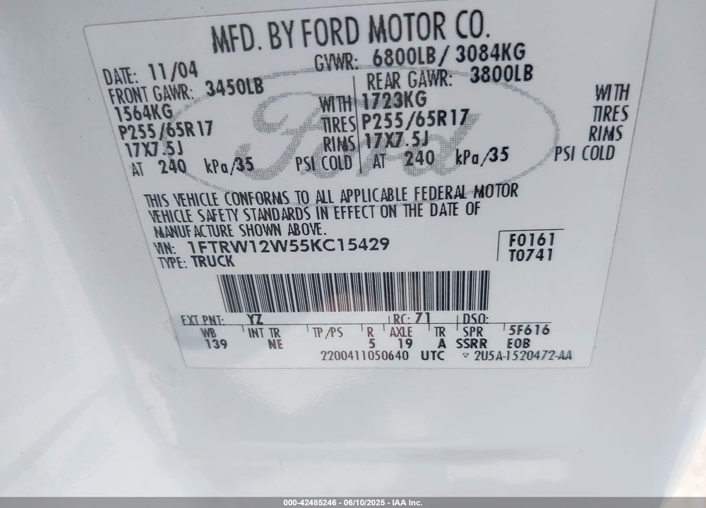 2005 FORD F-150 XLT VIN: 1FTRW12W55KC15429