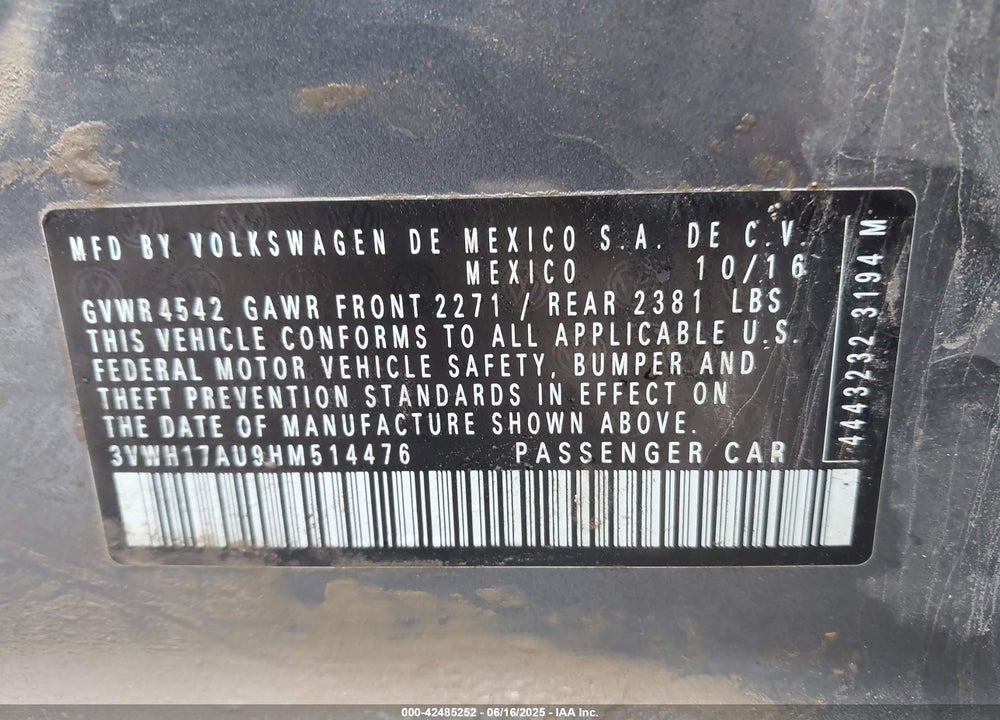 2017 VOLKSWAGEN GOLF ALLTRACK VIN: 3VWH17AU9HM514476