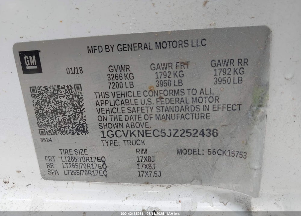 2018 CHEVROLET SILVERADO 1500 VIN: 1GCVKNEC5JZ252436