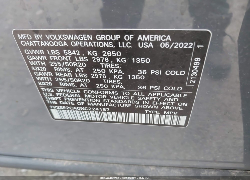 2022 VOLKSWAGEN ATLAS CROSS SPORT VIN: 1V2SE2CA0NC224187
