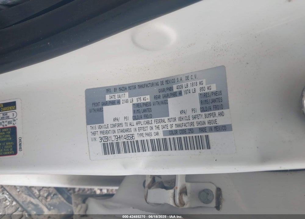 2017 MAZDA 3 VIN: 3MZBN1L79HM148596