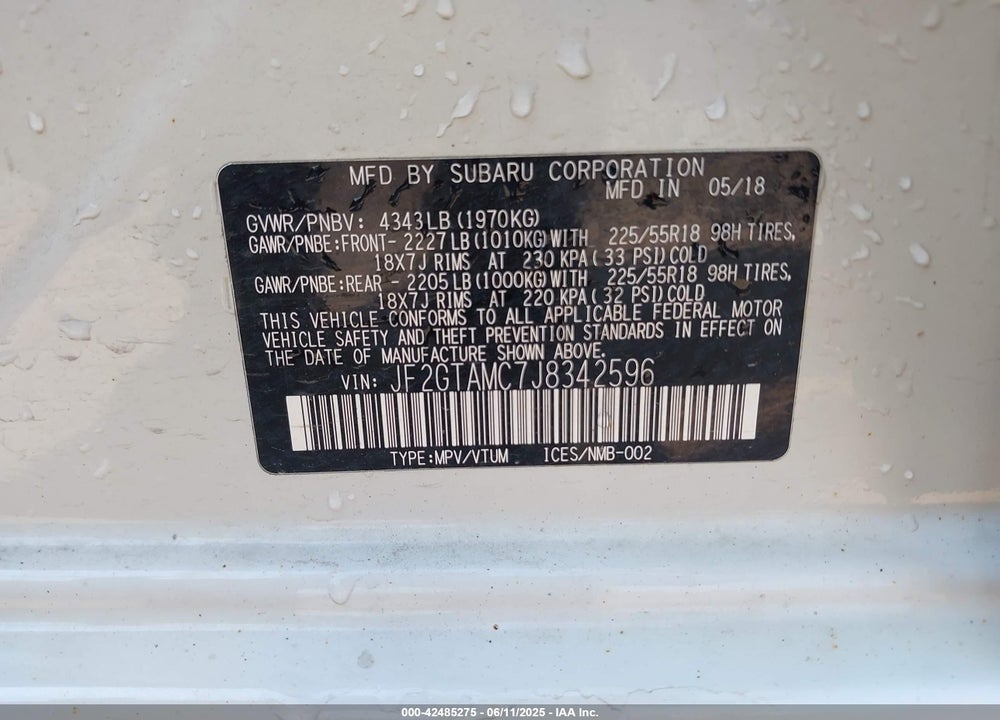 2018 SUBARU CROSSTREK VIN: JF2GTAMC7J8342596