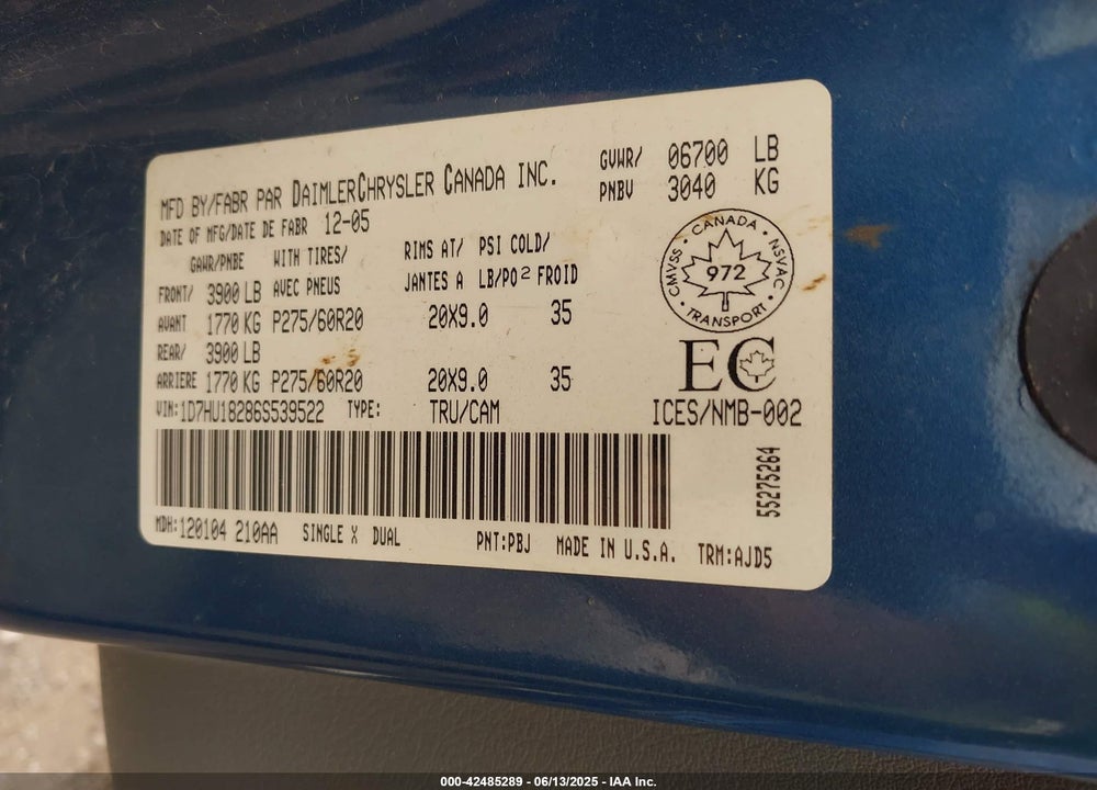 2006 DODGE RAM 1500 VIN: 1D7HU18286S539522