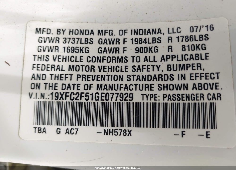 2016 HONDA CIVIC VIN: 19XFC2F51GE077929