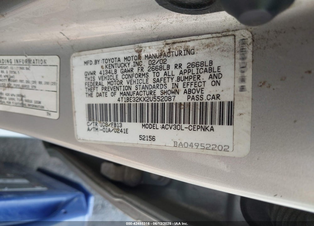 2002 TOYOTA CAMRY VIN: 4T1BE32KX2U552087