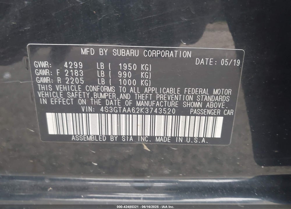 2019 SUBARU IMPREZA VIN: 4S3GTAA62K3743520