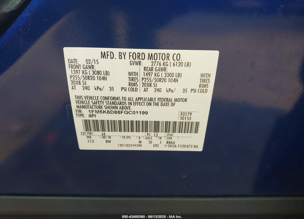 2015 FORD EXPLORER VIN: 1FM5K8D88FGC01199