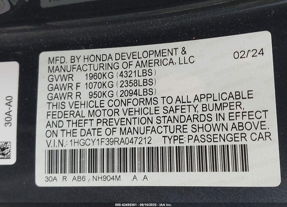 2024 HONDA ACCORD EX VIN: 1HGCY1F39RA047212