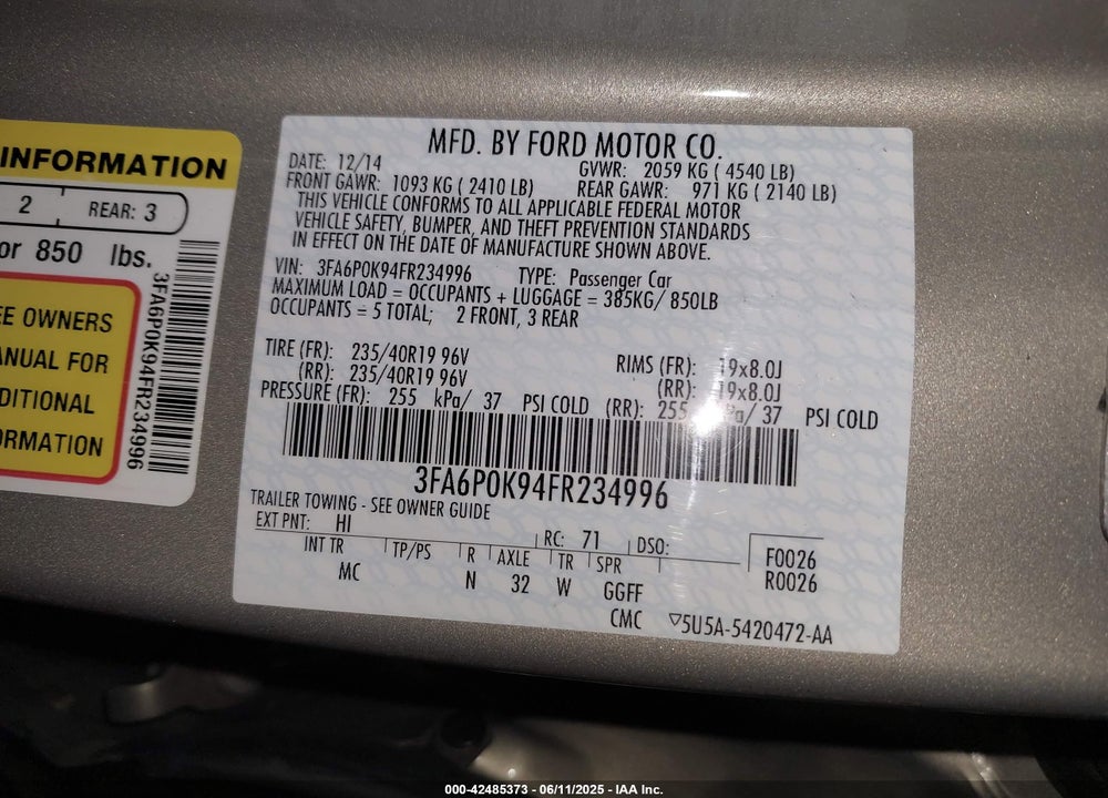 2015 FORD FUSION TITANIUM VIN: 3FA6P0K94FR234996