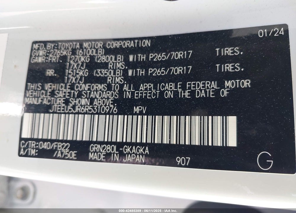 2024 TOYOTA 4RUNNER VIN: JTEEU5JR6R5310976
