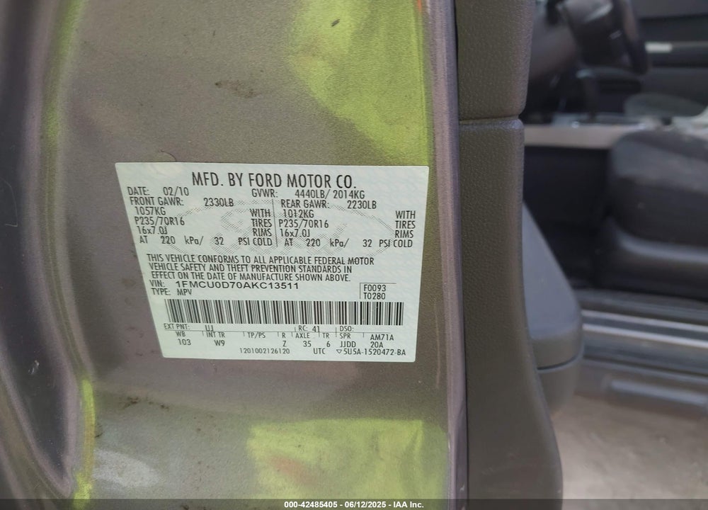 2010 FORD ESCAPE XLT VIN: 1FMCU0D70AKC13511