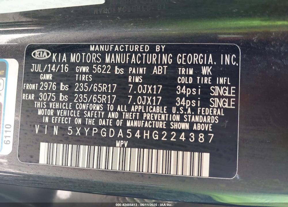 2017 KIA SORENTO VIN: 5XYPGDA54HG224387