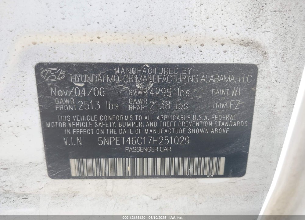 2007 HYUNDAI SONATA GLS VIN: 5NPET46C17H251029