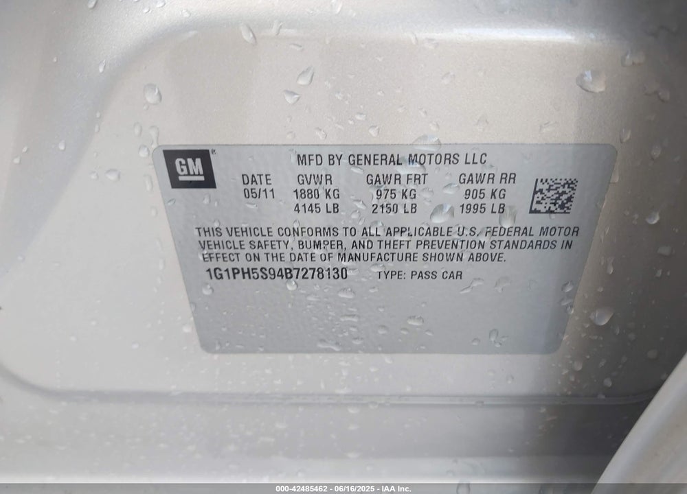 2011 CHEVROLET CRUZE VIN: 1G1PH5S94B7278130