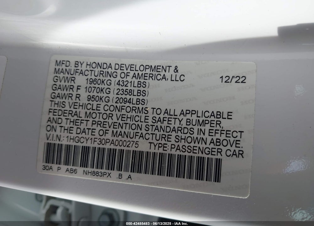 2023 HONDA ACCORD VIN: 1HGCY1F30PA000275