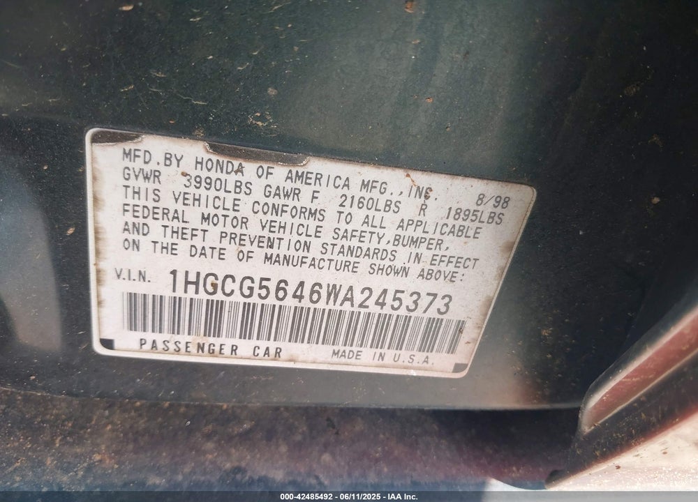 1998 HONDA ACCORD LX VIN: 1HGCG5646WA245373
