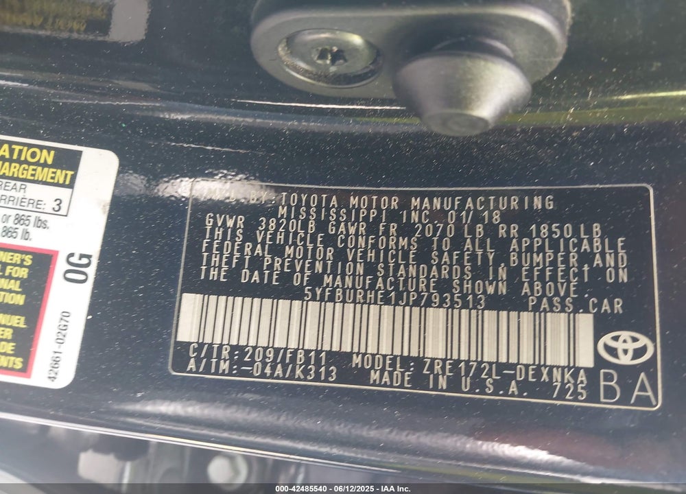 2018 TOYOTA COROLLA VIN: 5YFBURHE1JP793513