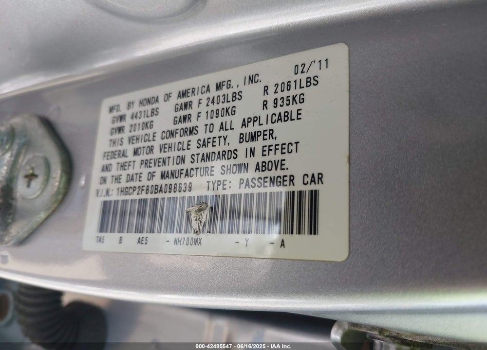 2011 HONDA ACCORD 2.4 EX-L VIN: 1HGCP2F80BA098639