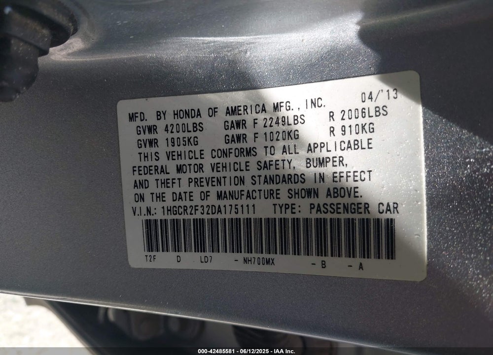 2013 HONDA ACCORD LX VIN: 1HGCR2F32DA175111