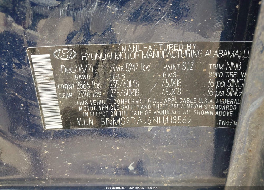 2022 HYUNDAI SANTA FE VIN: 5NMS2DAJ6NH418569