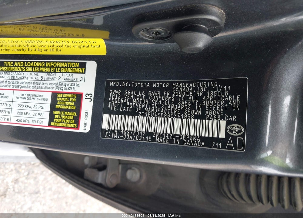 2011 TOYOTA COROLLA VIN: 2T1BU4EE9BC741958