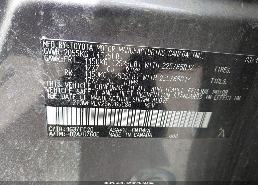 2016 TOYOTA RAV4 VIN: 2T3WFREV2GW265686