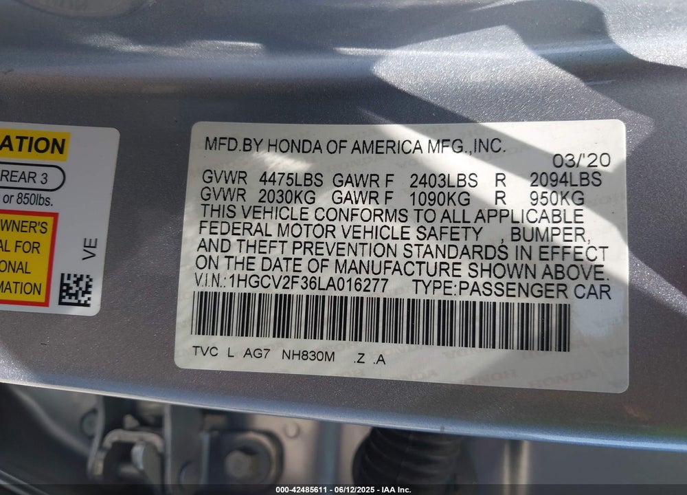 2020 HONDA ACCORD SPORT 2.0T VIN: 1HGCV2F36LA016277