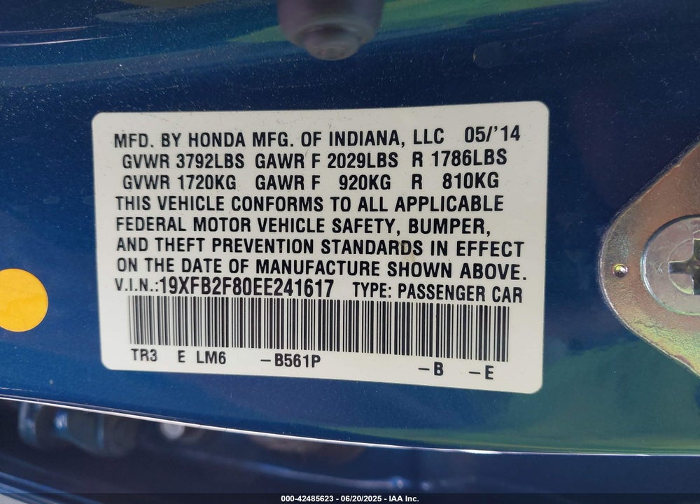 2014 HONDA CIVIC VIN: 19XFB2F80EE241617
