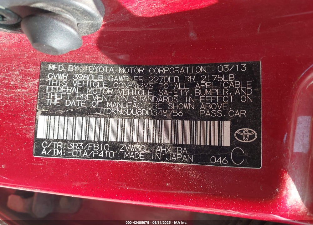 2013 TOYOTA PRIUS VIN: JTDKN3DU8D0348756