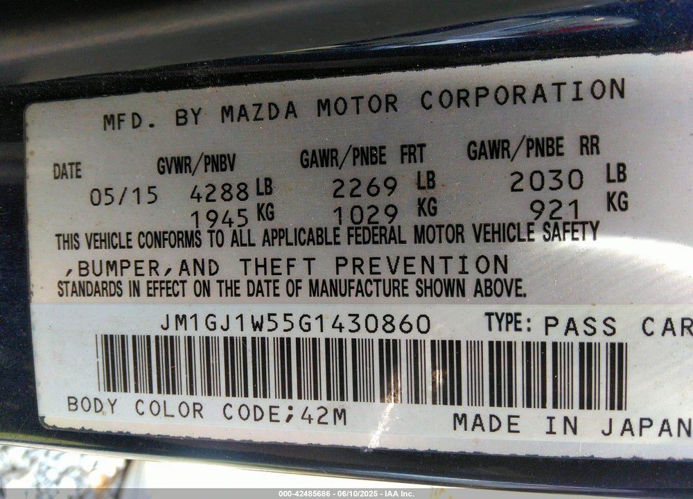 2016 MAZDA 6 VIN: JM1GJ1W55G1430860