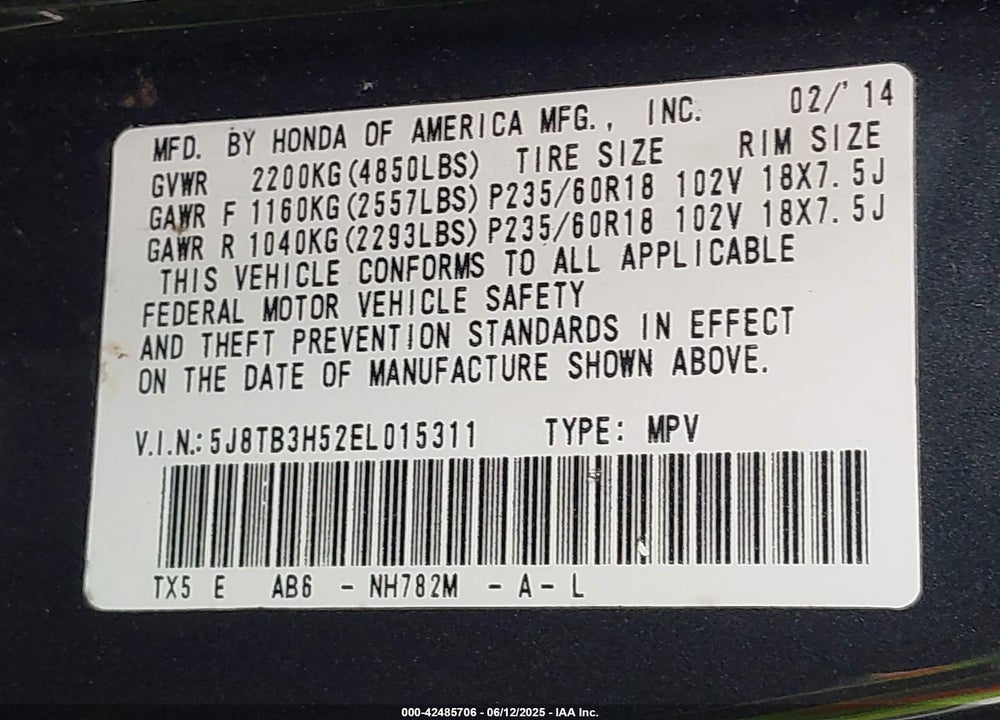 2014 ACURA RDX VIN: 5J8TB3H52EL015311