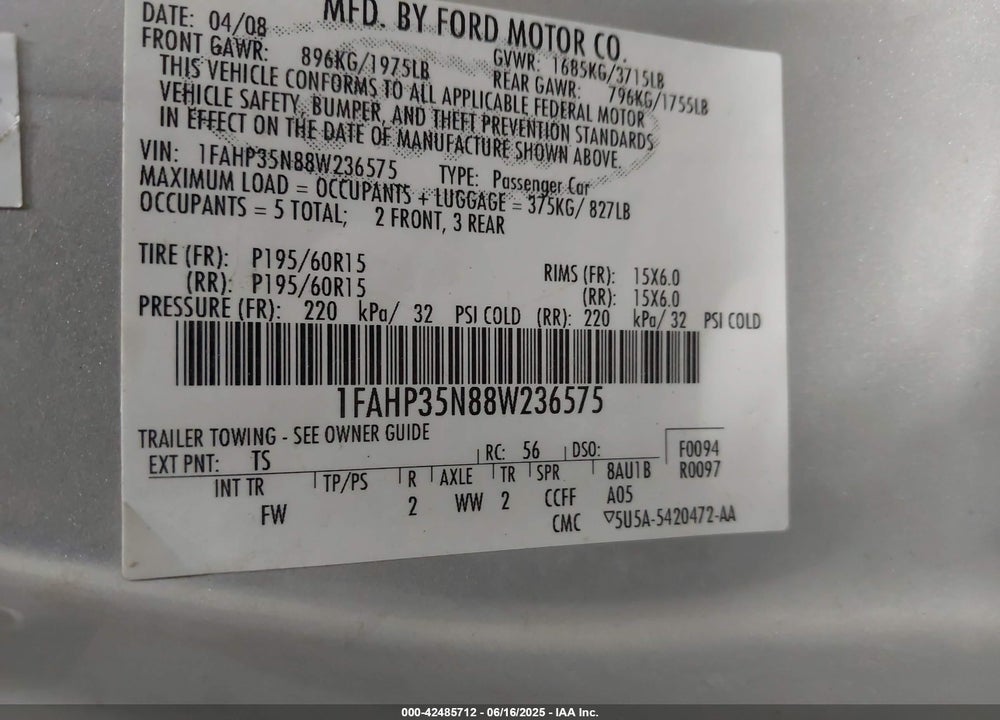 2008 FORD FOCUS SE/SES VIN: 1FAHP35N88W236575