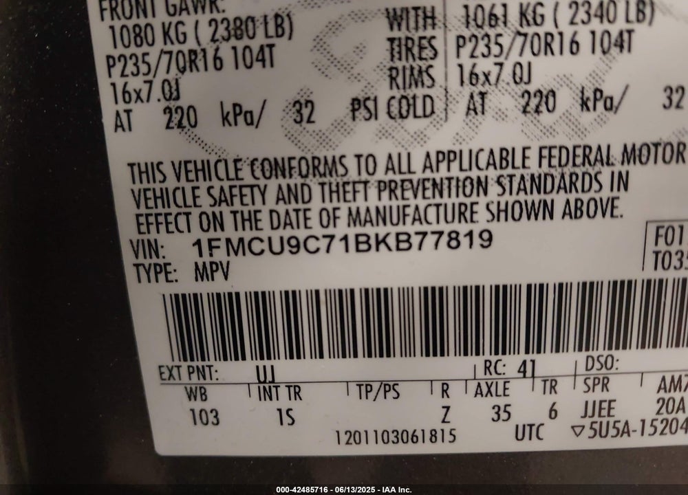 2011 FORD ESCAPE VIN: 1FMCU9C71BKB77819