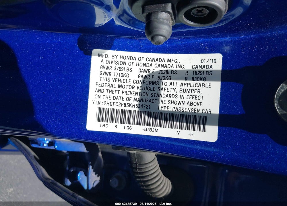 2019 HONDA CIVIC SPORT VIN: 2HGFC2F85KH534721