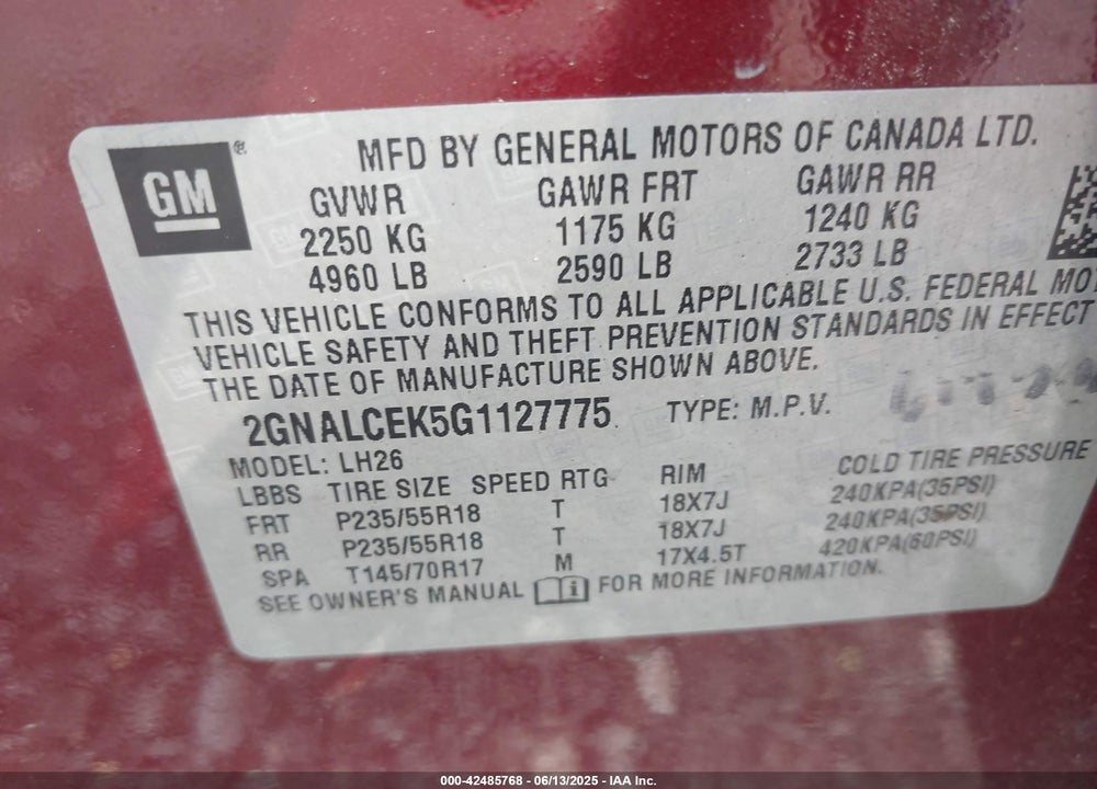 2016 CHEVROLET EQUINOX VIN: 2GNALCEK5G1127775