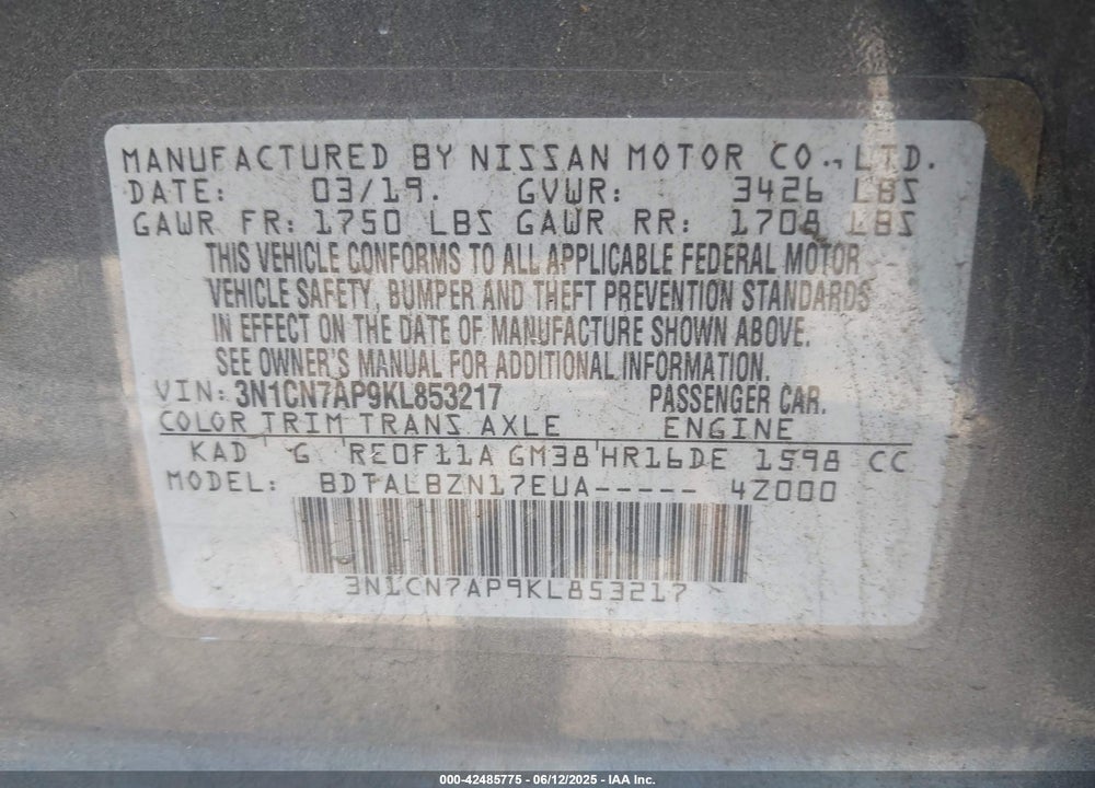2019 NISSAN VERSA VIN: 3N1CN7AP9KL853217