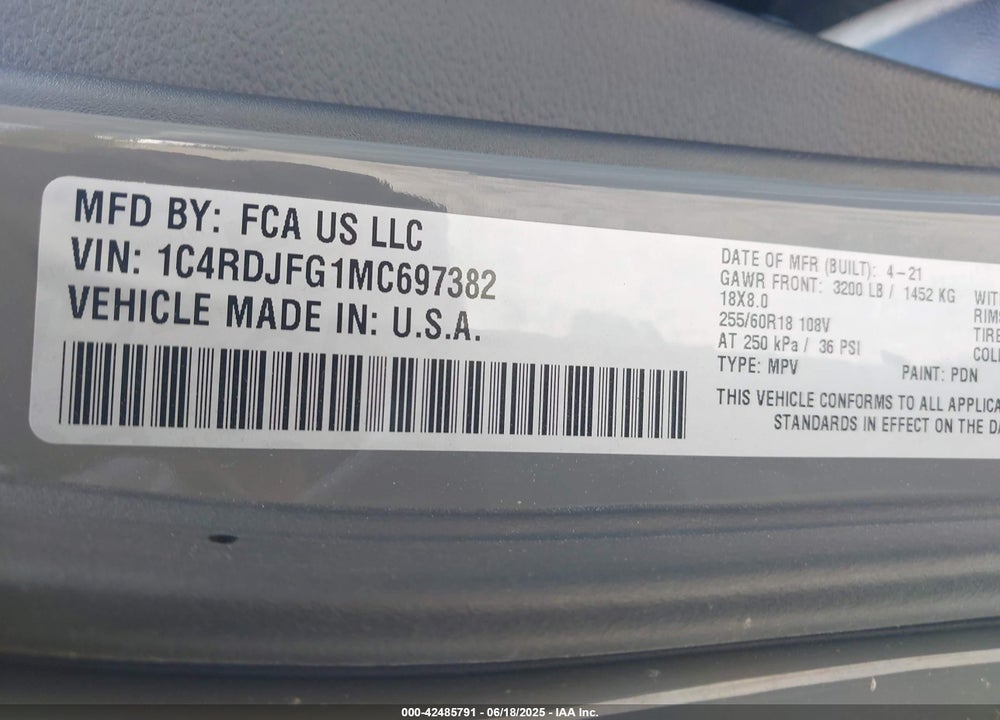 2021 DODGE DURANGO VIN: 1C4RDJFG1MC697382