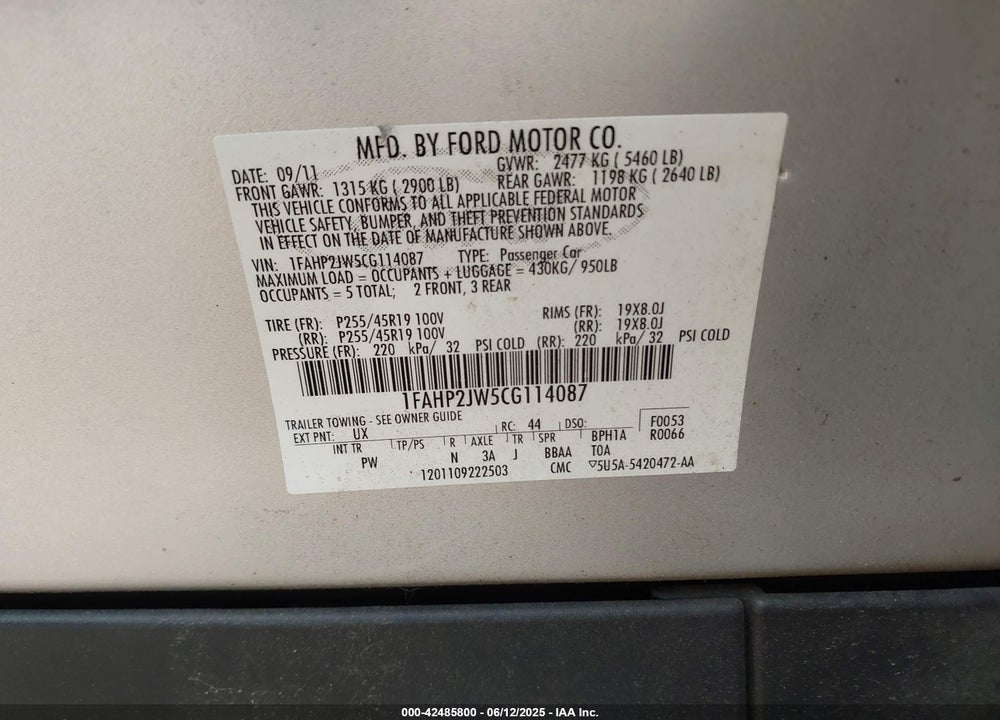 2012 FORD TAURUS VIN: 1FAHP2JW5CG114087